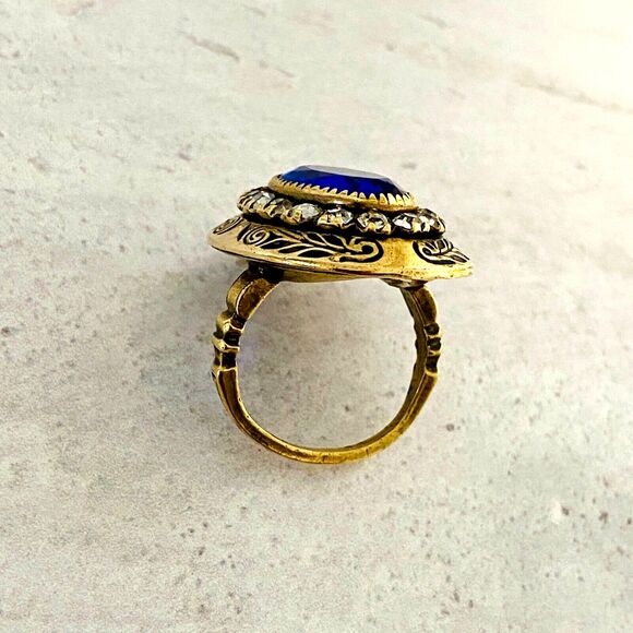 Vintage Belle Epoque Simulated Sapphire Diamond Ring with Paste Stones Sz 6.75 - Picture 5 of 7